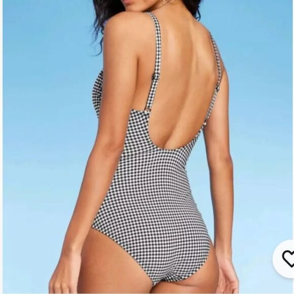 Kona Sol One Piece Black and White Gingham Swimsuit with ruching on the sides-M - Picture 3 of 16
